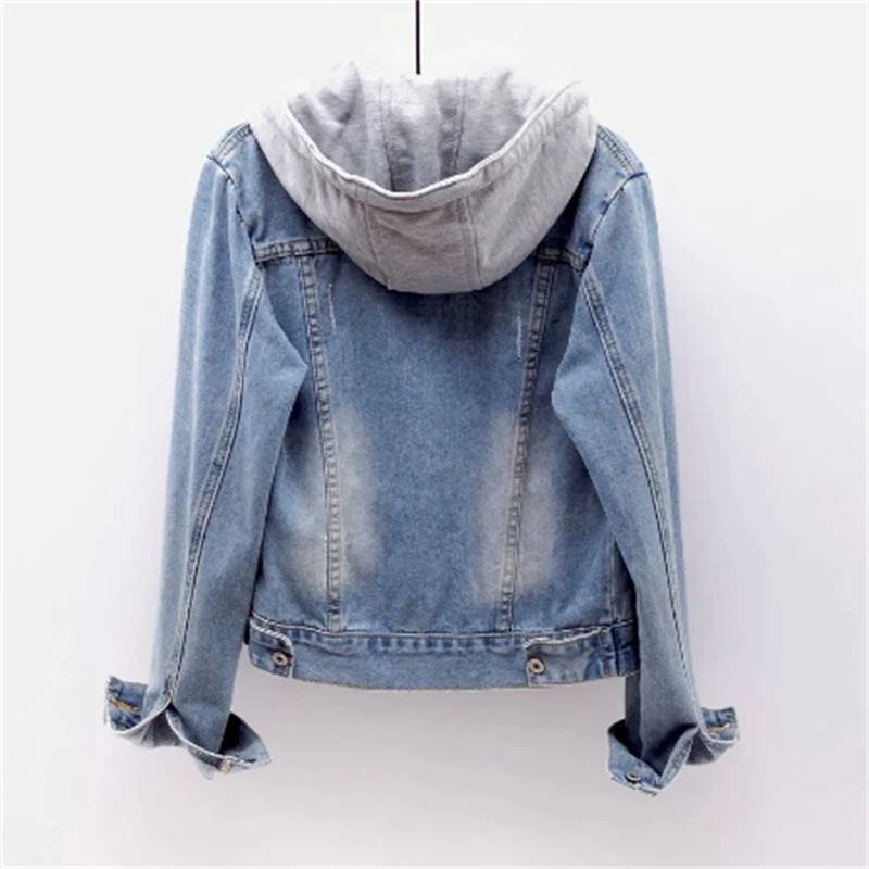 Women's Cropped Denim Jacket with Drawstring Jersey Hood