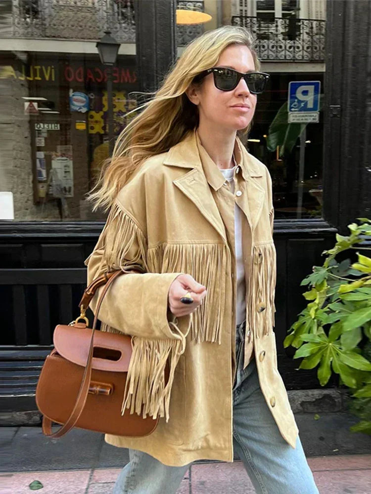 Women's Oversized Faux Suede Fringe Jacket