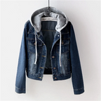 Women's Cropped Denim Jacket with Drawstring Jersey Hood