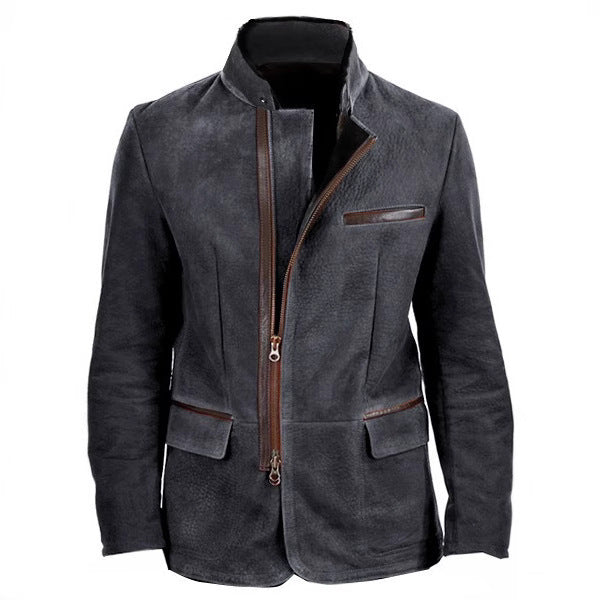 Men's Faux Suede Stand Collar Zip Blazer Jacket