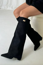 Women's Faux Suede Fold-Over Knee-High Boots with Buckle Strap