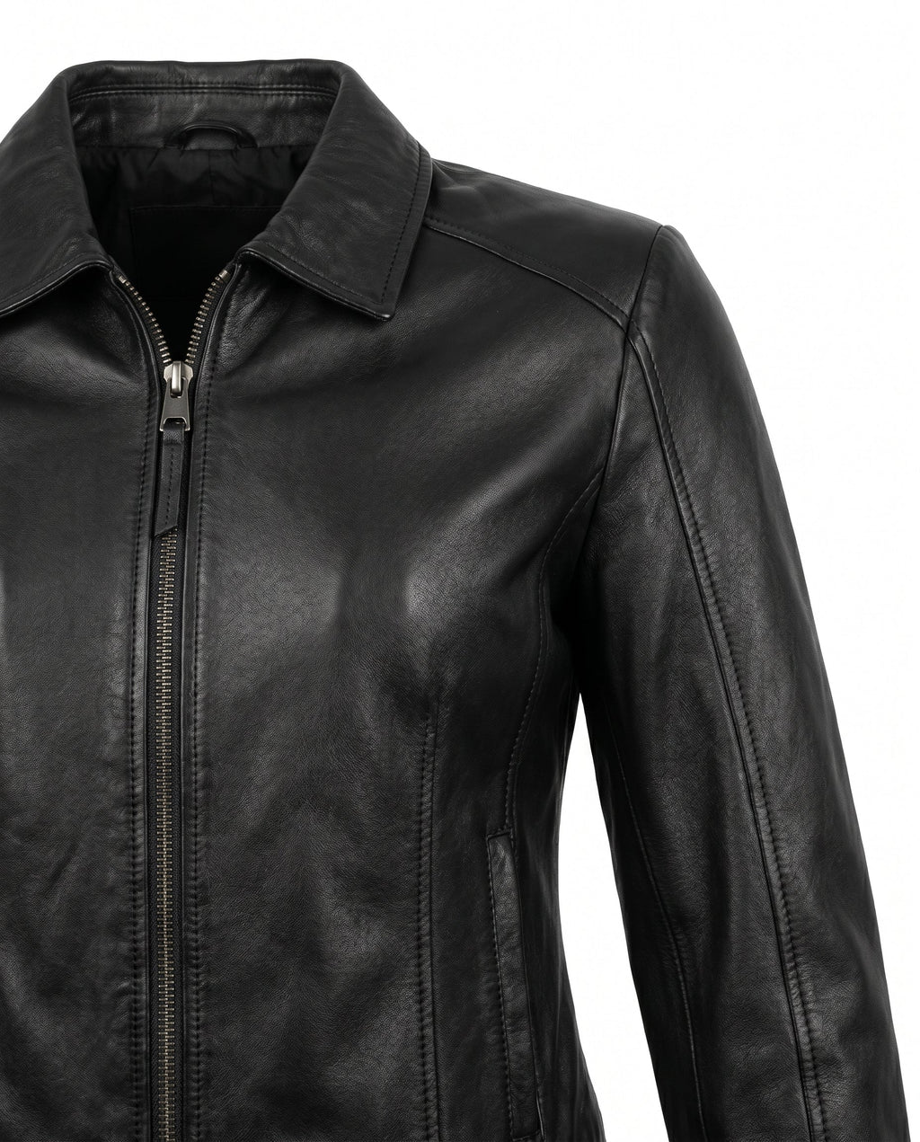 Women's Faux Leather Racer Jacket with Snap Collar