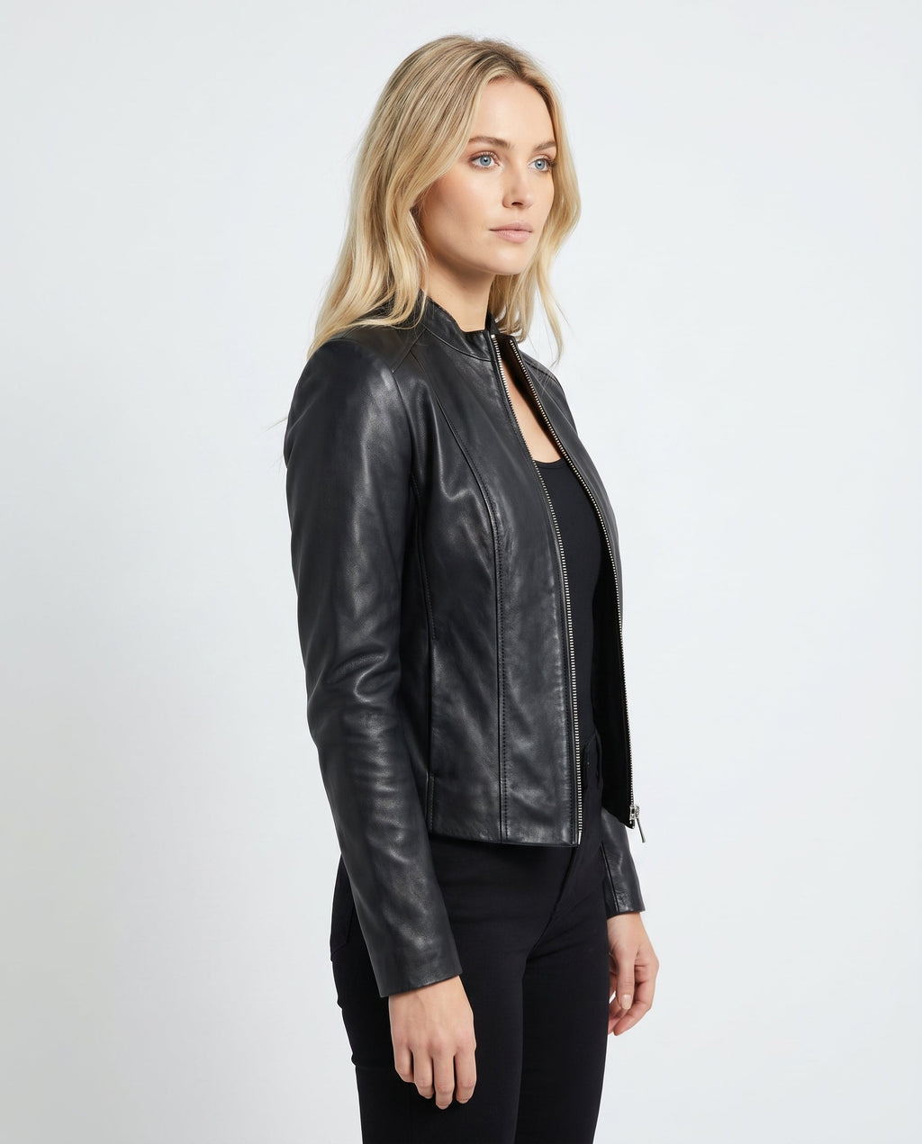 Women's Faux Leather Racer Jacket with Snap Collar