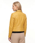 Women's Faux Leather Racer Jacket with Snap Collar