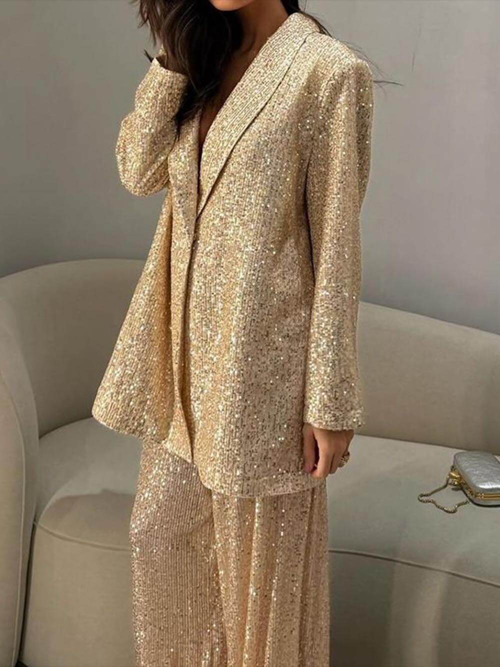 Women's Oversized Sequin Blazer Jacket with Lapel Collar