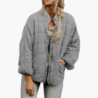 Women's Oversized Quilted Zip-Up Jacket with Stand Collar