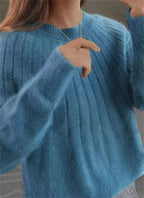 Women's Relaxed Fuzzy Ribbed Knit Round Neck Sweater