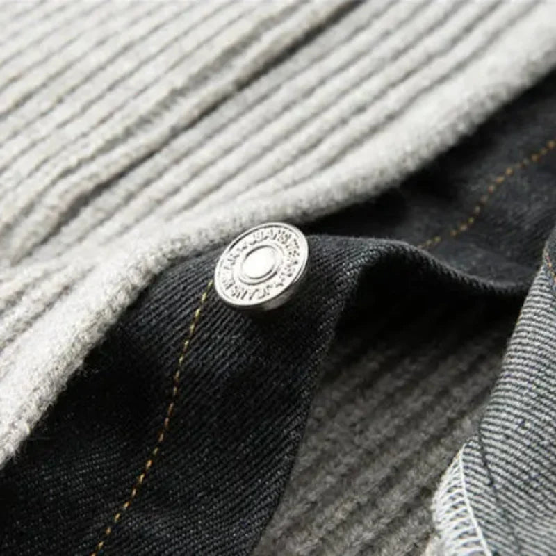 Men's Ribbed Knit Cardigan Jacket with Denim Trim