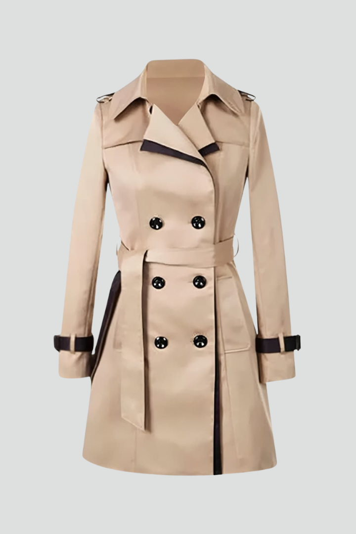 Women's Double-Breasted Belted Trench Coat with Contrast Trim