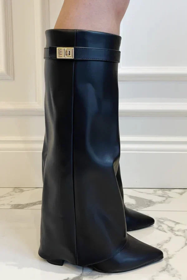 Women's Faux Suede Fold-Over Knee-High Boots with Buckle Strap