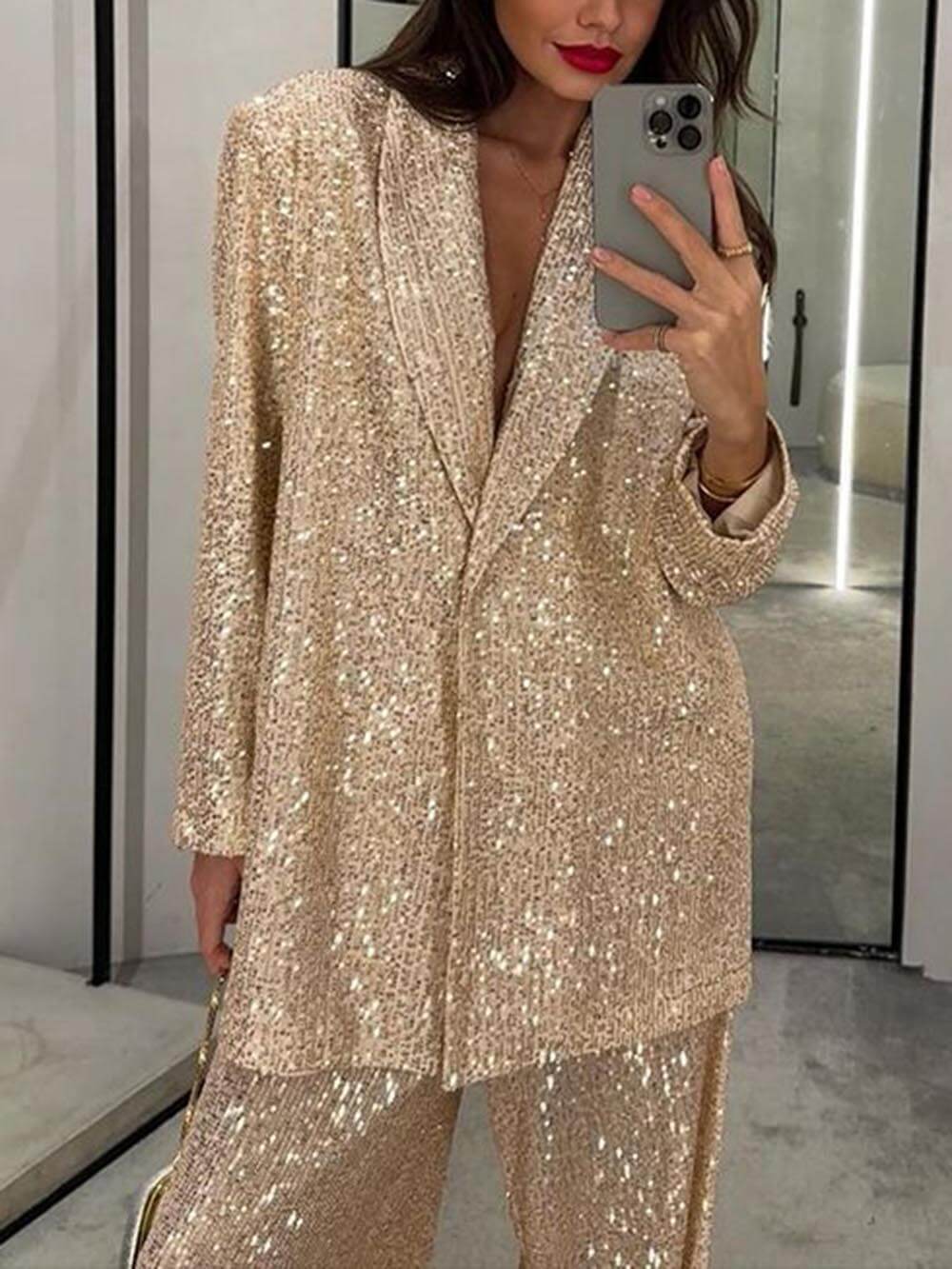 Women's Oversized Sequin Blazer Jacket with Lapel Collar