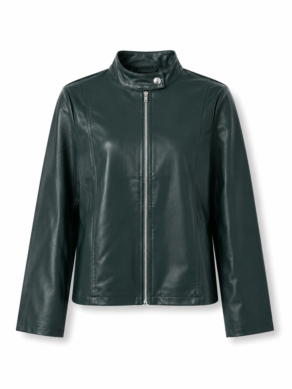 Women's Faux Leather Racer Jacket with Snap Collar