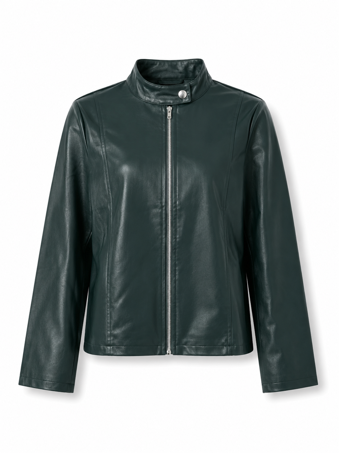 Women's Faux Leather Racer Jacket with Snap Collar