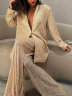 Women's Oversized Sequin Blazer Jacket with Lapel Collar