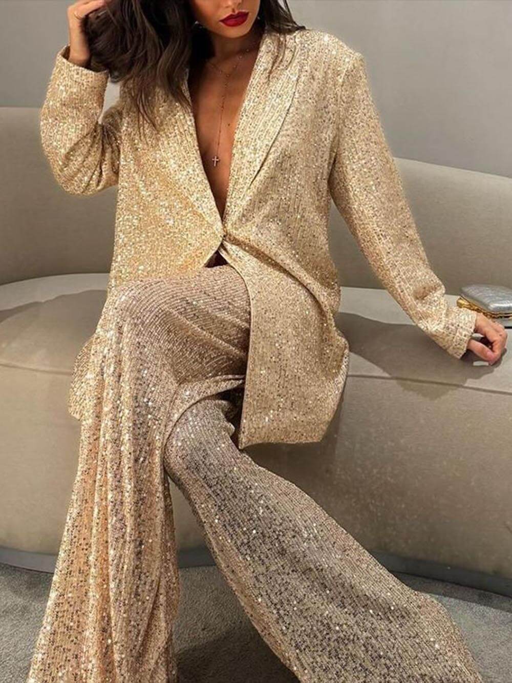 Women's Oversized Sequin Blazer Jacket with Lapel Collar