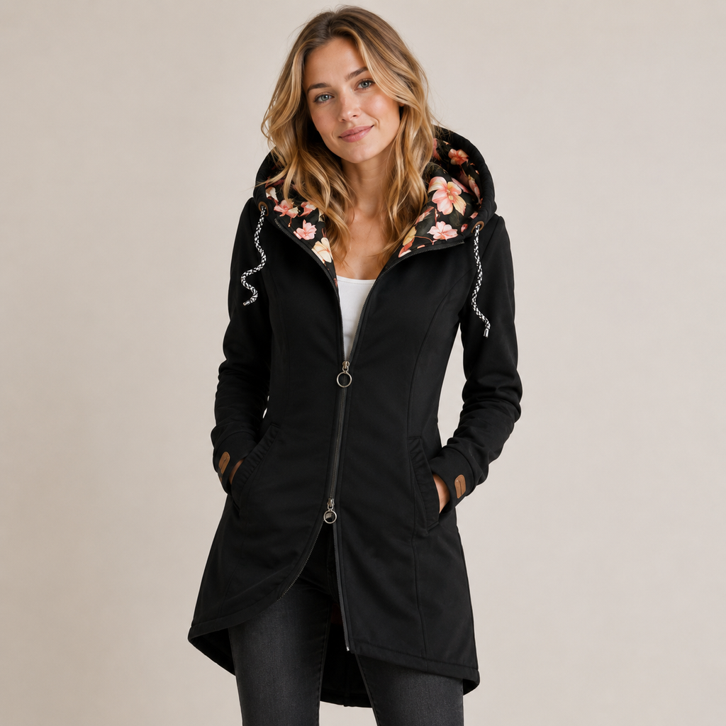 Women's Longline Zip-Up Jacket with Floral Lined Hood
