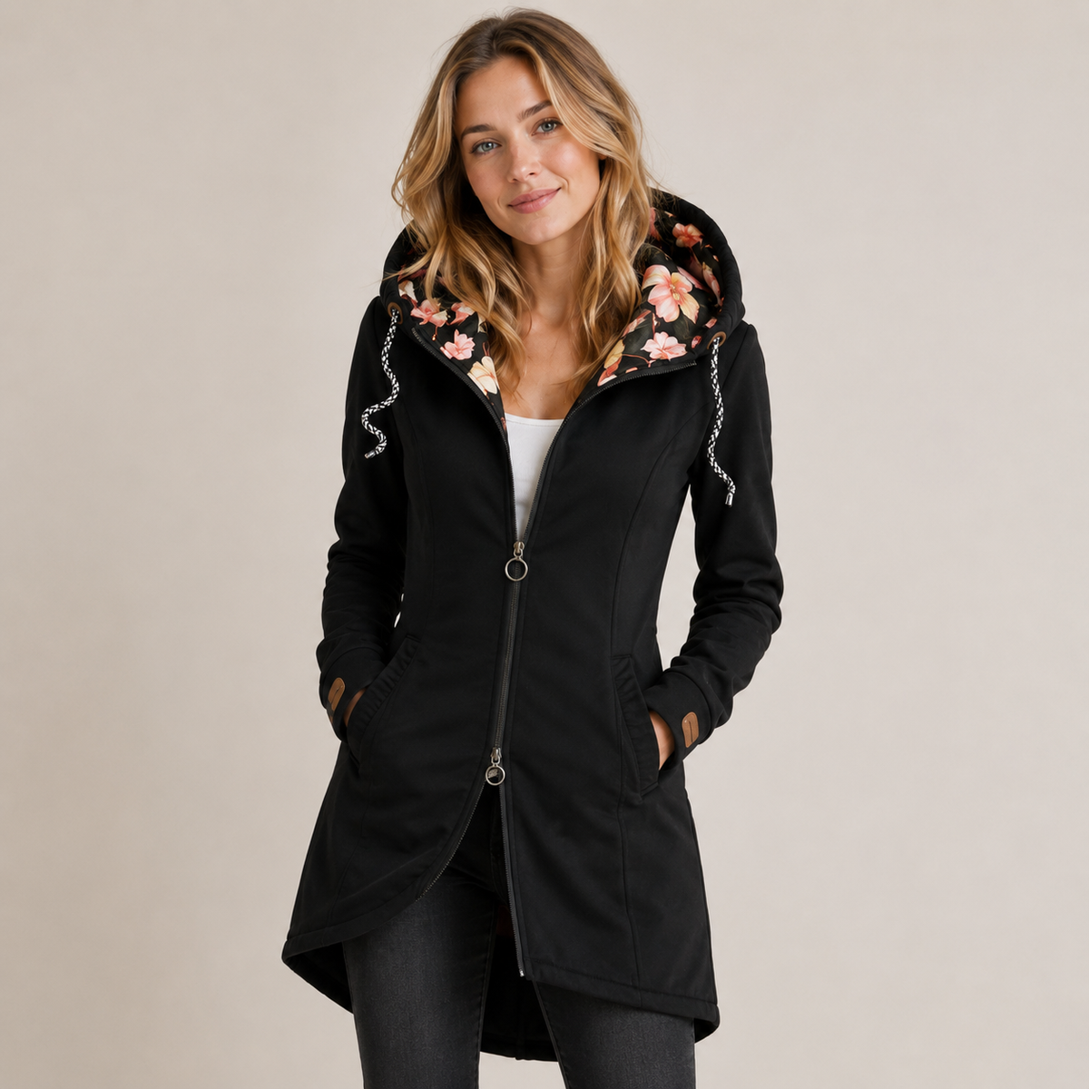 Women's Longline Zip-Up Jacket with Floral Lined Hood