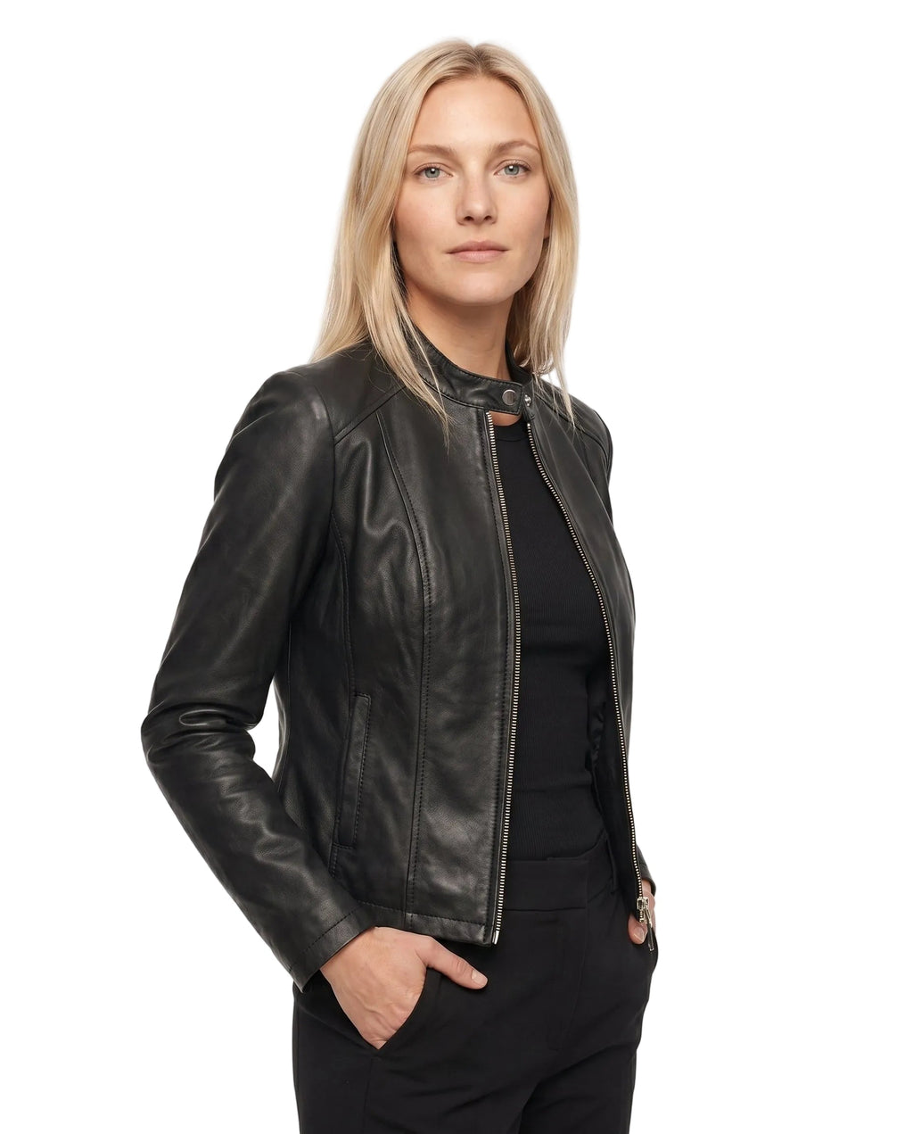 Women's Faux Leather Racer Jacket with Snap Collar