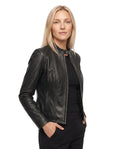 Women's Faux Leather Racer Jacket with Snap Collar