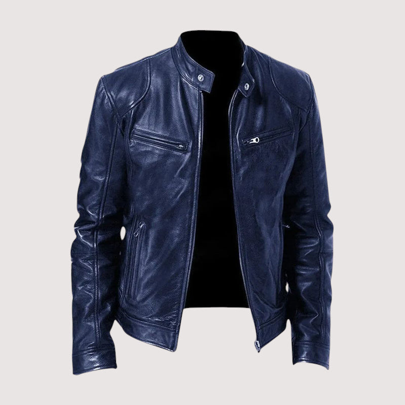 Men's Faux Leather Café Racer Jacket with Zip Pockets