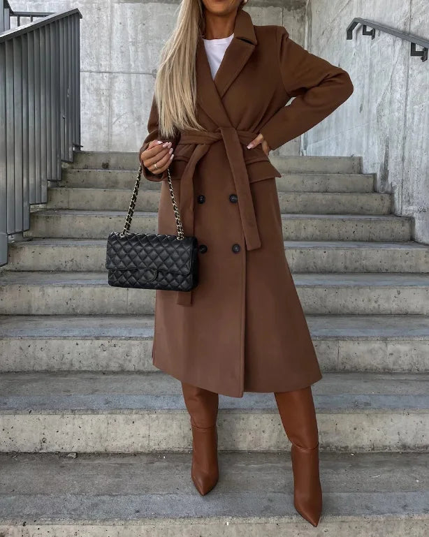 Women's Double-Breasted Belted Longline Overcoat