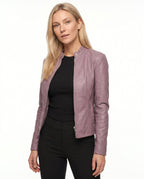 Women's Faux Leather Racer Jacket with Snap Collar