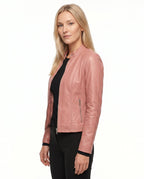 Women's Faux Leather Racer Jacket with Snap Collar
