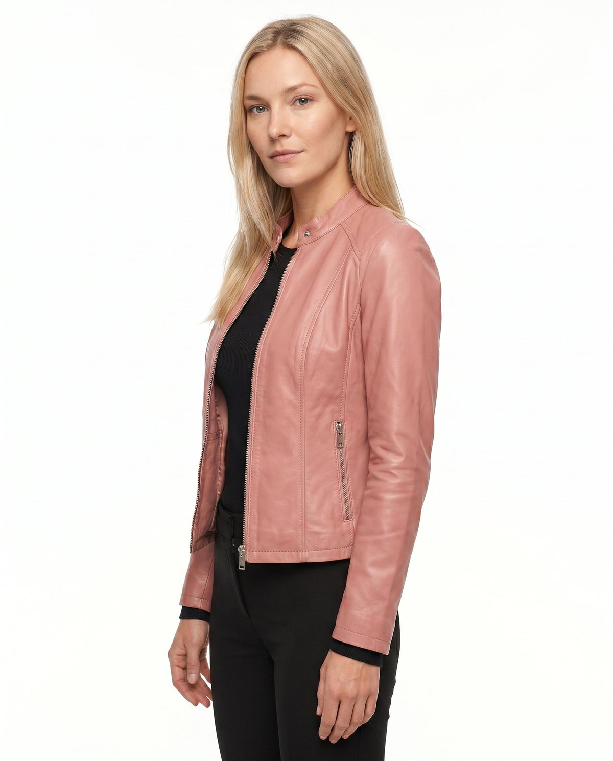 Women's Faux Leather Racer Jacket with Snap Collar
