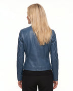 Women's Faux Leather Racer Jacket with Snap Collar
