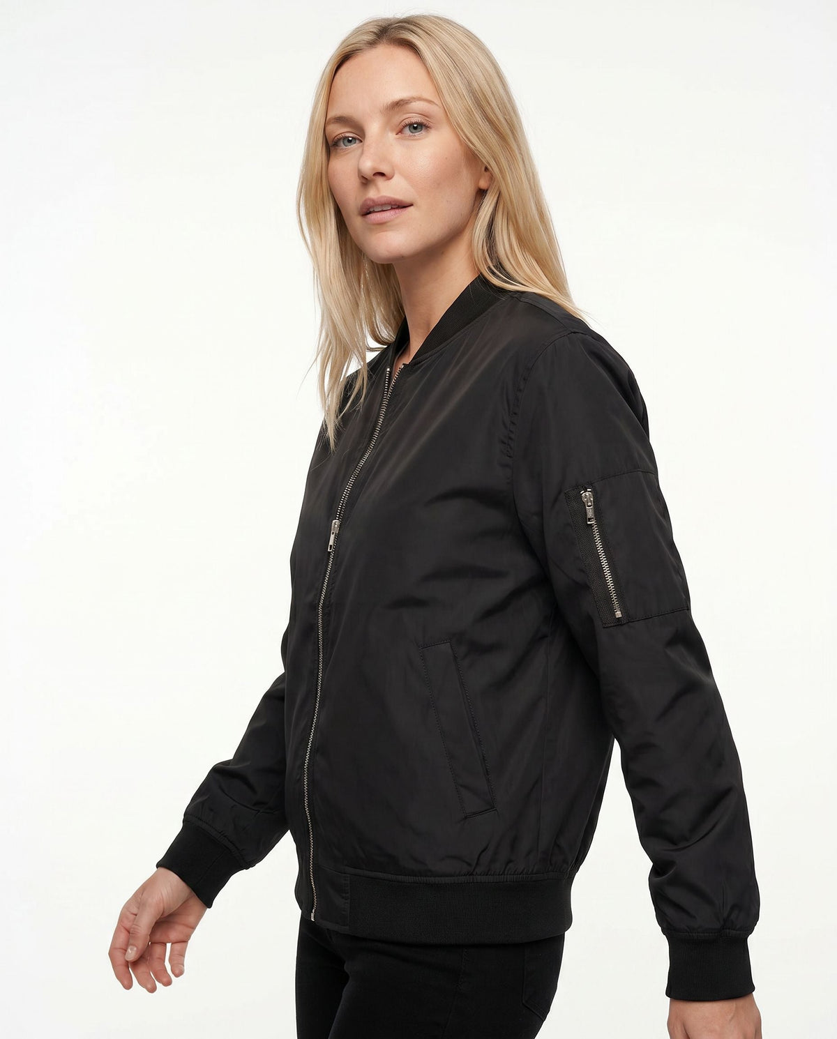 Women's Classic Zip-Up Bomber Jacket with Sleeve Pocket