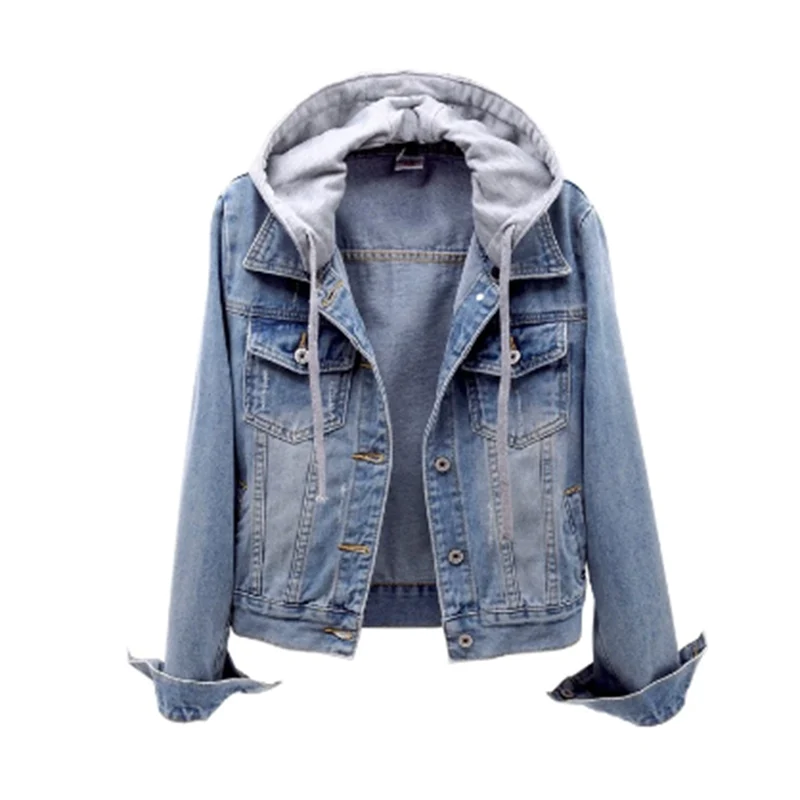 Women's Cropped Denim Jacket with Drawstring Jersey Hood