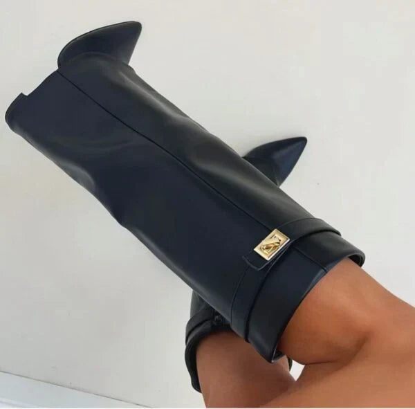 Women's Faux Suede Fold-Over Knee-High Boots with Buckle Strap