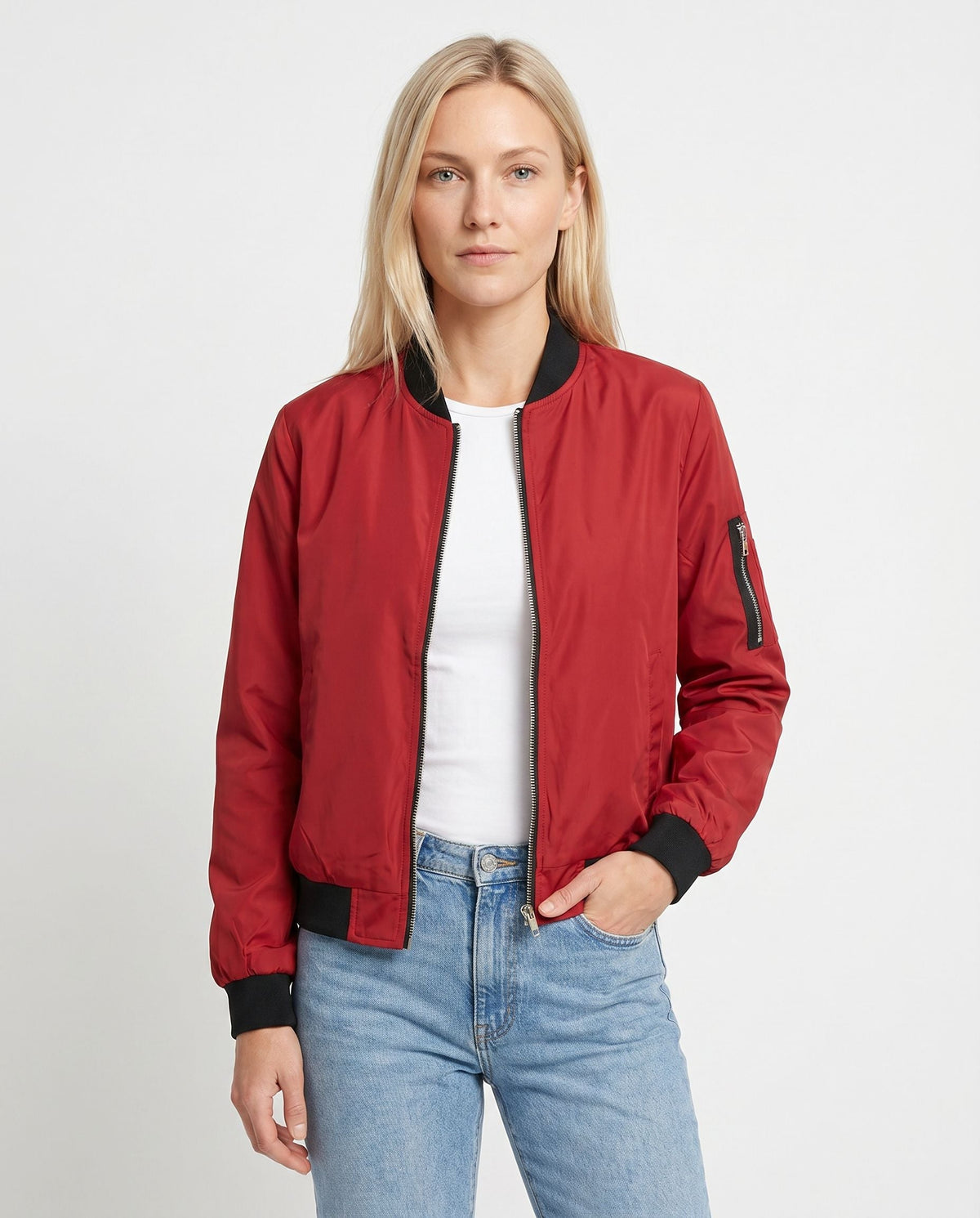 Women's Classic Zip-Up Bomber Jacket with Sleeve Pocket