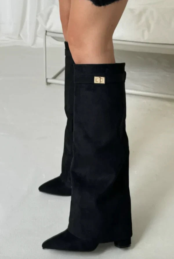Women's Faux Suede Fold-Over Knee-High Boots with Buckle Strap