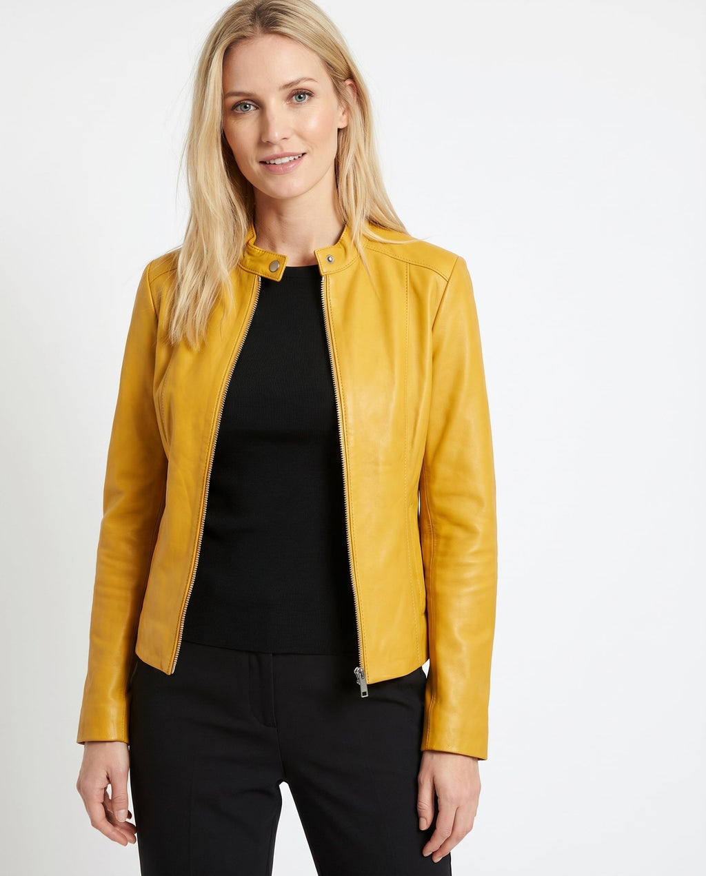 Women's Faux Leather Racer Jacket with Snap Collar