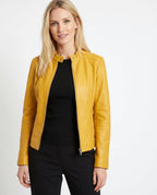 Women's Faux Leather Racer Jacket with Snap Collar