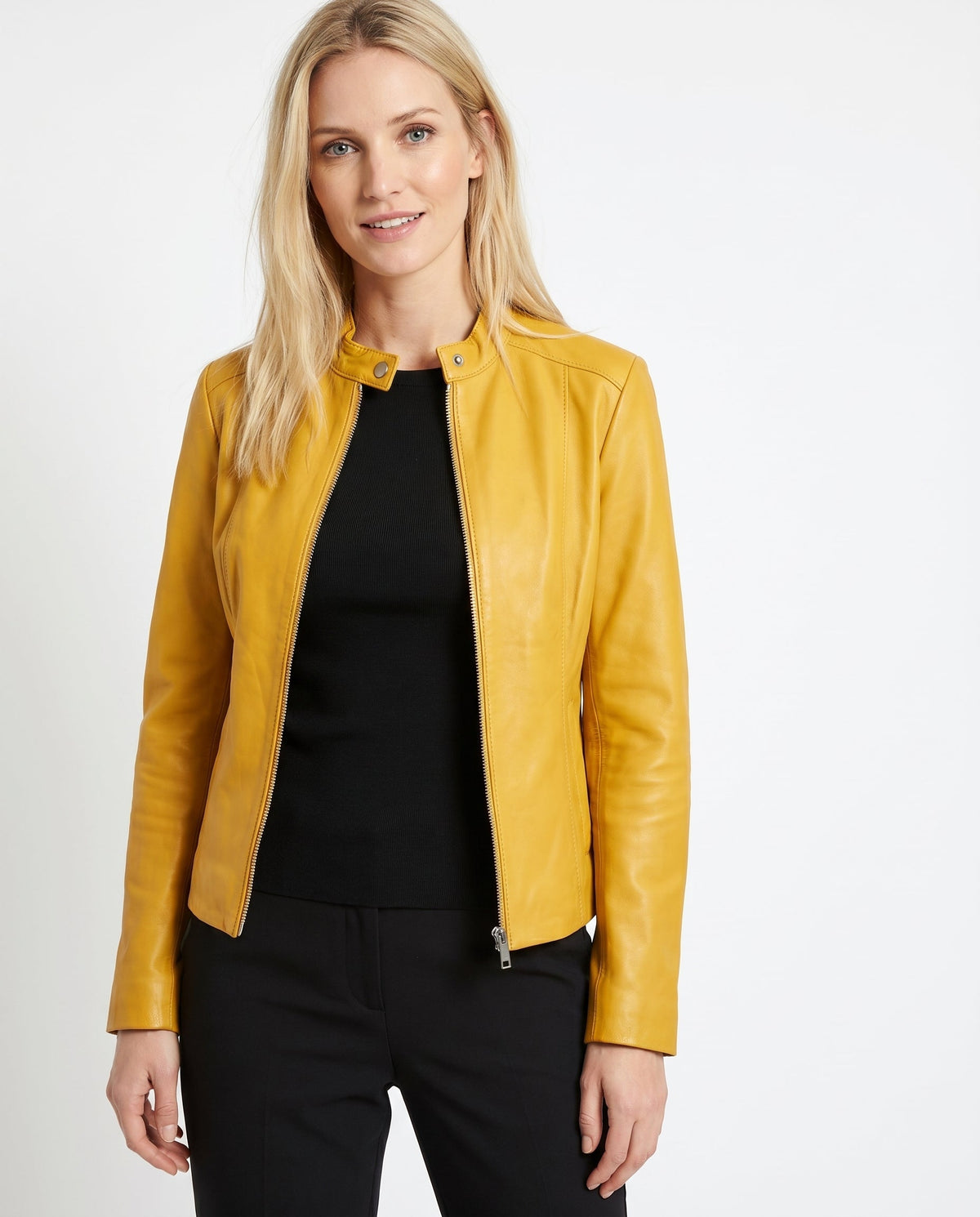 Women's Faux Leather Racer Jacket with Snap Collar