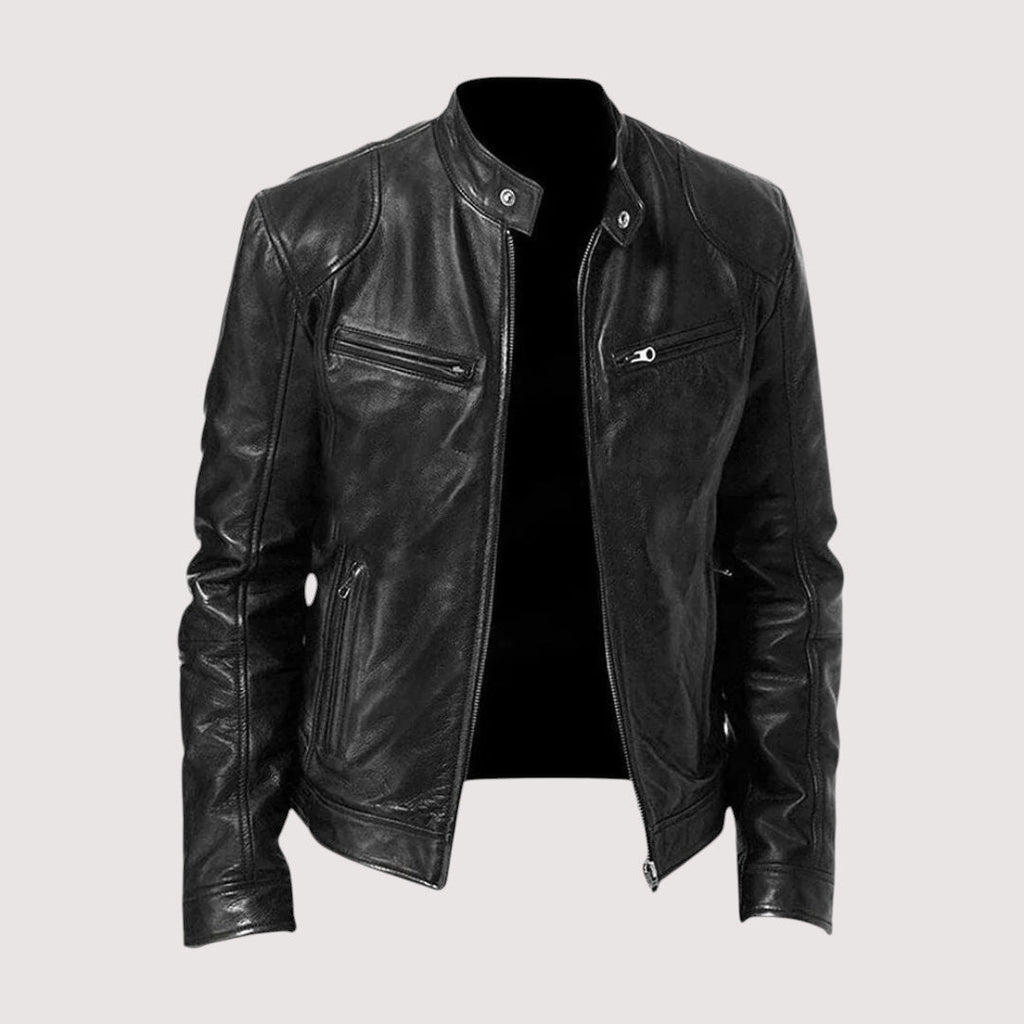 Men's Faux Leather Café Racer Jacket with Zip Pockets