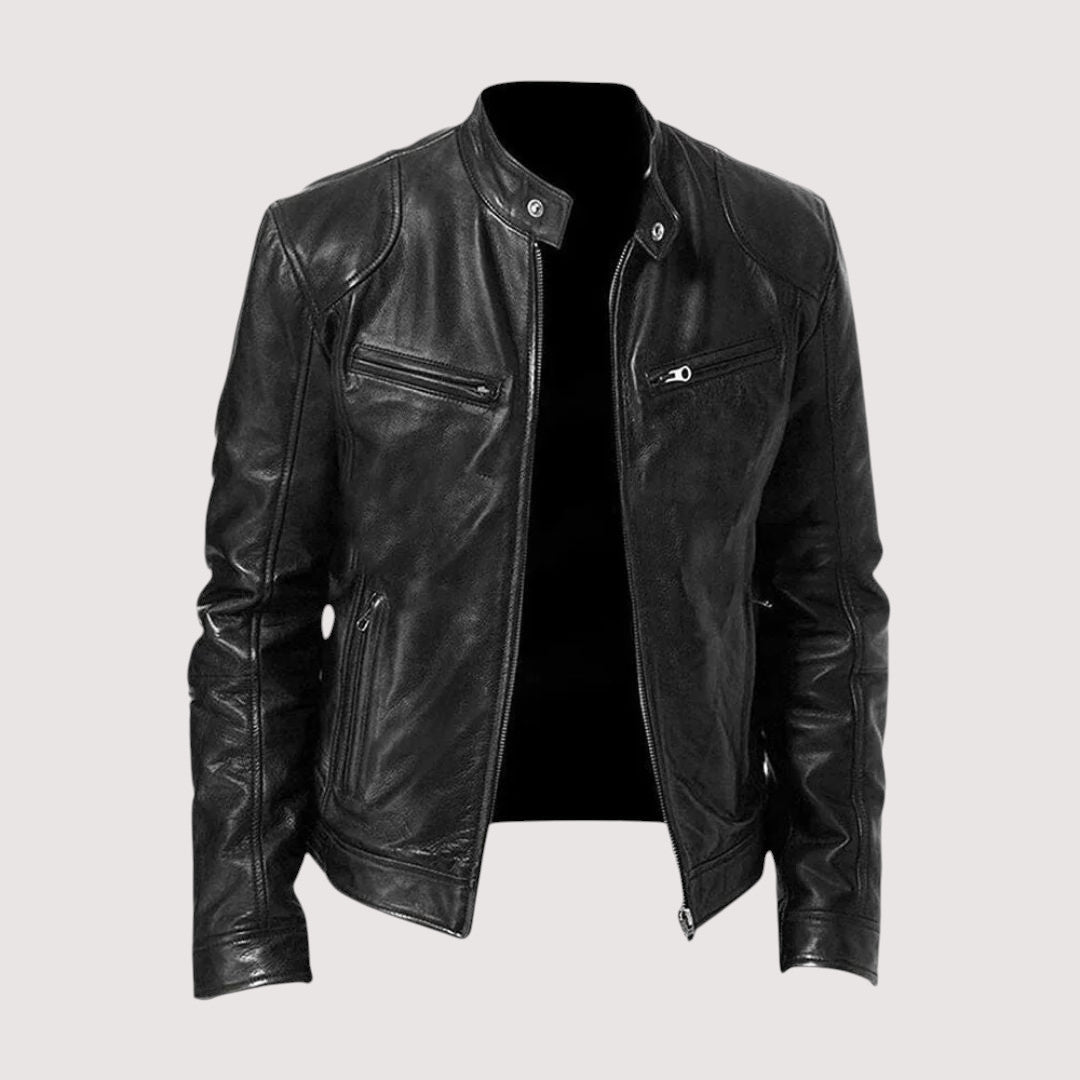 Men's Faux Leather Café Racer Jacket with Zip Pockets