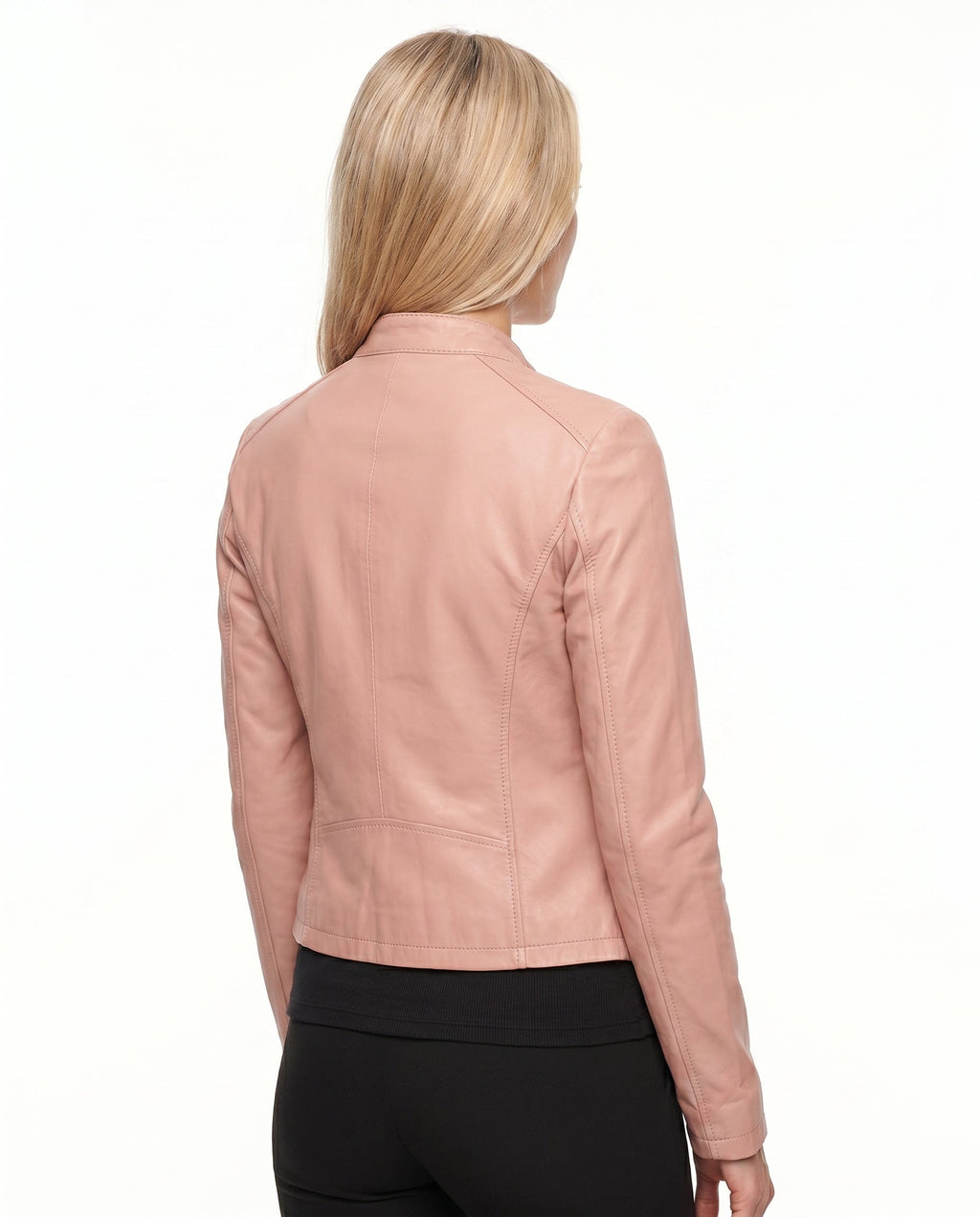 Women's Faux Leather Racer Jacket with Snap Collar