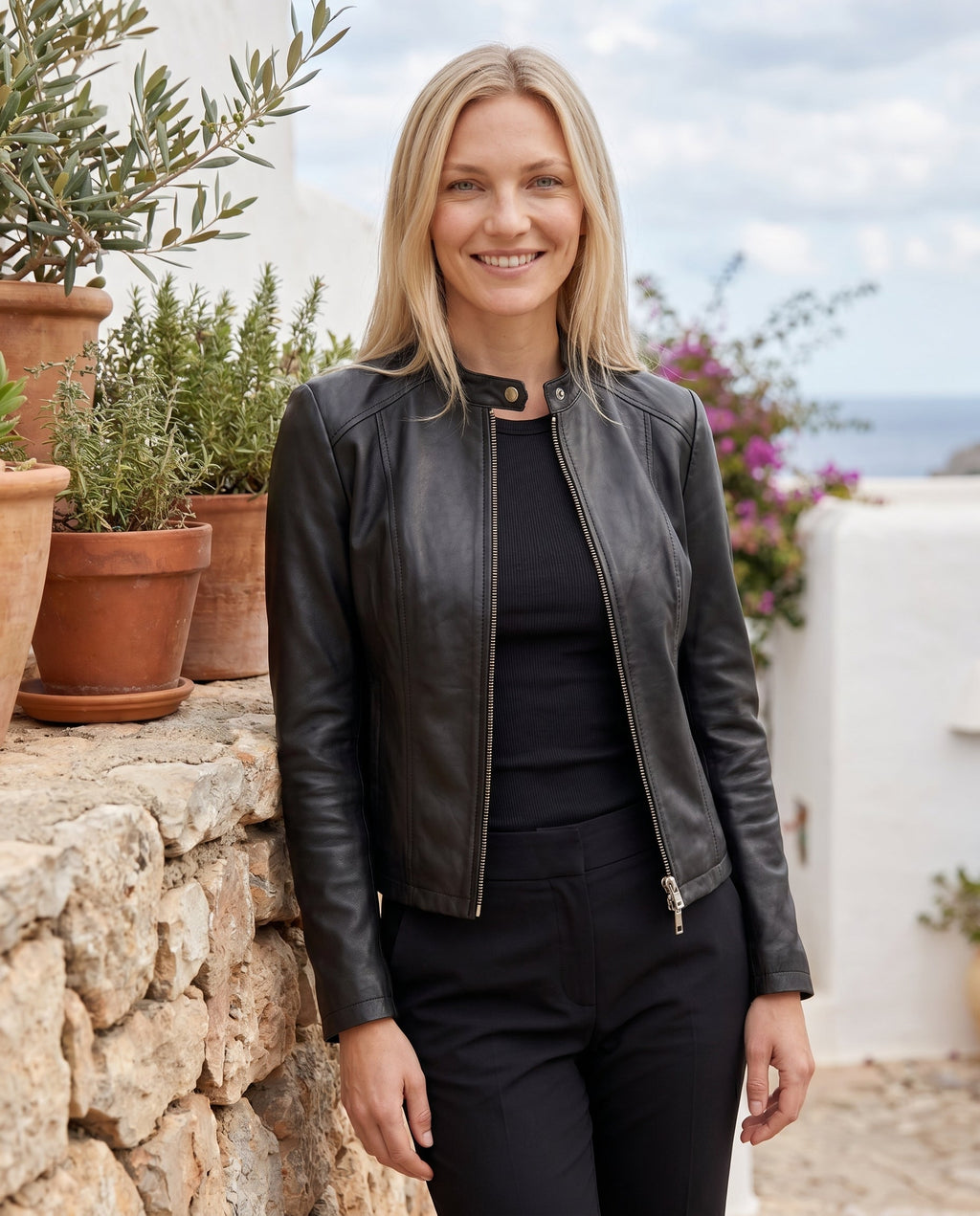 Women's Faux Leather Racer Jacket with Snap Collar