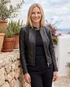 Women's Faux Leather Racer Jacket with Snap Collar