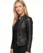 Women's Faux Leather Racer Jacket with Snap Collar