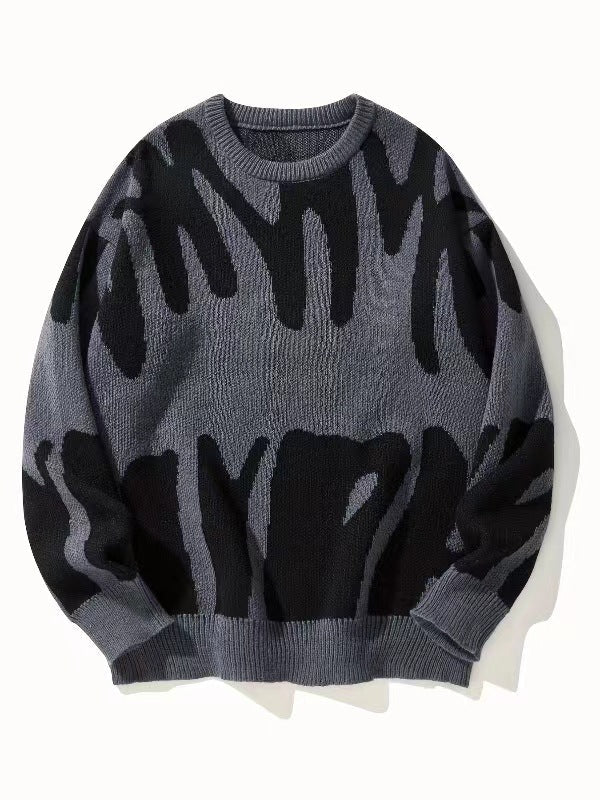 Men's Oversized Abstract Jacquard Crew Neck Knit Sweater