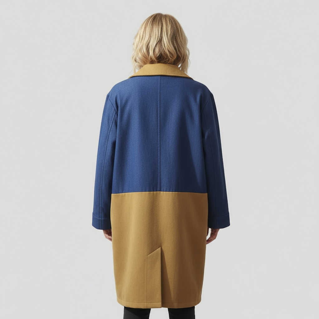 Women's Colour Block Longline Coat with Notch Lapel