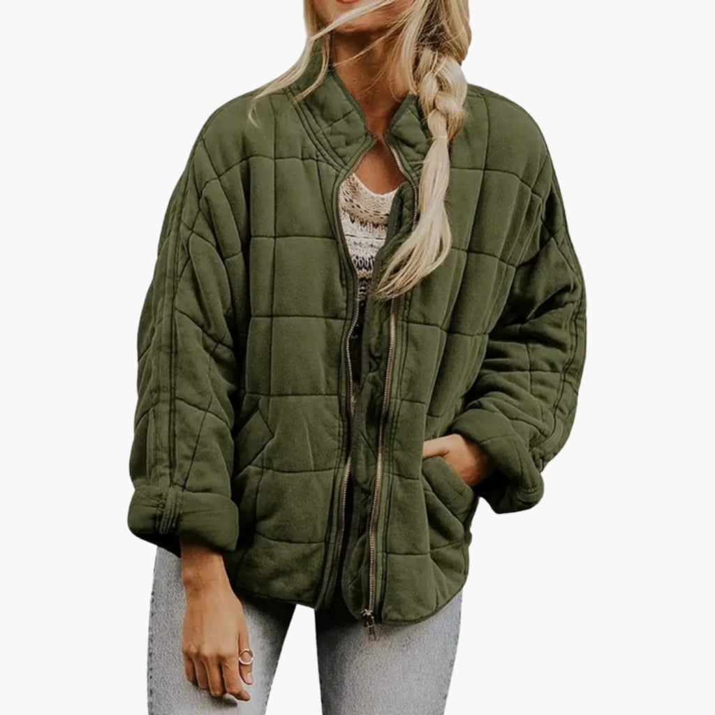Women's Oversized Quilted Zip-Up Jacket with Stand Collar