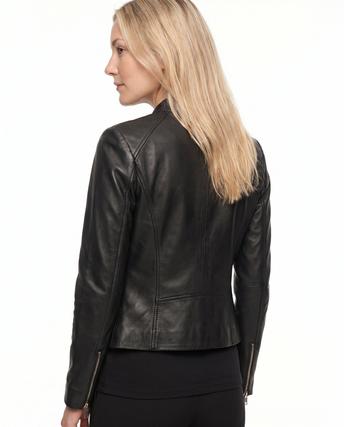 Women's Faux Leather Racer Jacket with Snap Collar