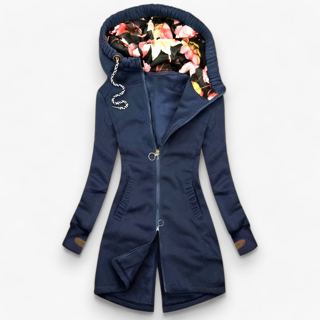 Women's Longline Zip-Up Jacket with Floral Lined Hood