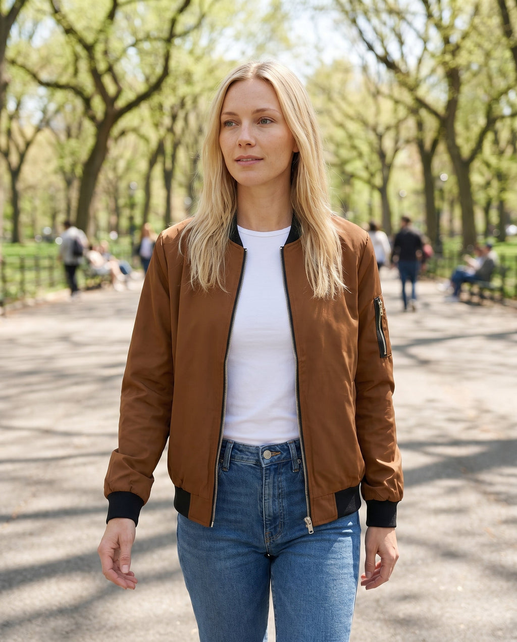 Women's Classic Zip-Up Bomber Jacket with Sleeve Pocket