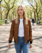 Women's Classic Zip-Up Bomber Jacket with Sleeve Pocket